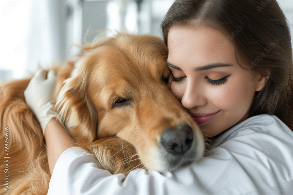 Tender moment between veterinarian and dog