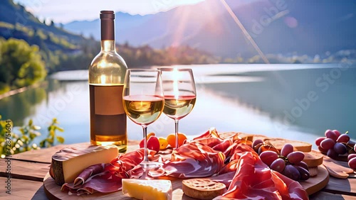 Italian appetizer prosciutto antipasti and and wine on a wooden terrace overlooking mountain lake photo