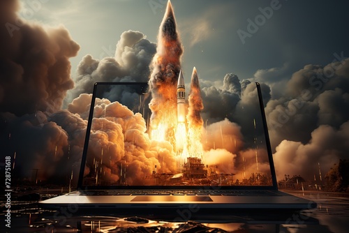 minimalistic design Launching Space Rocket From Laptop Screen,