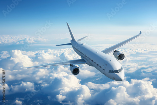 Commercial jet cruising in blue sky