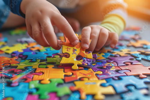 Child's hands connecting puzzle pieces