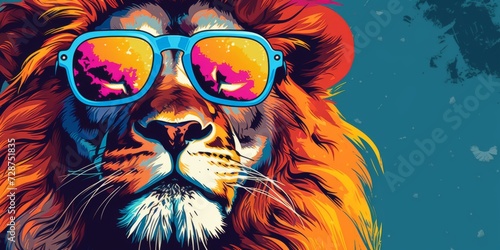 adorable lion with sunglasses on vibrant pop art background, Generative AI