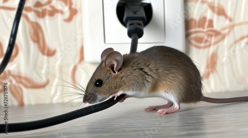 a mouse is gnawing on a wire inside an apartment house, set against the backdrop of a wall and electrical outlet, illustrating the ongoing battle against mice infestation in residential spaces. photo