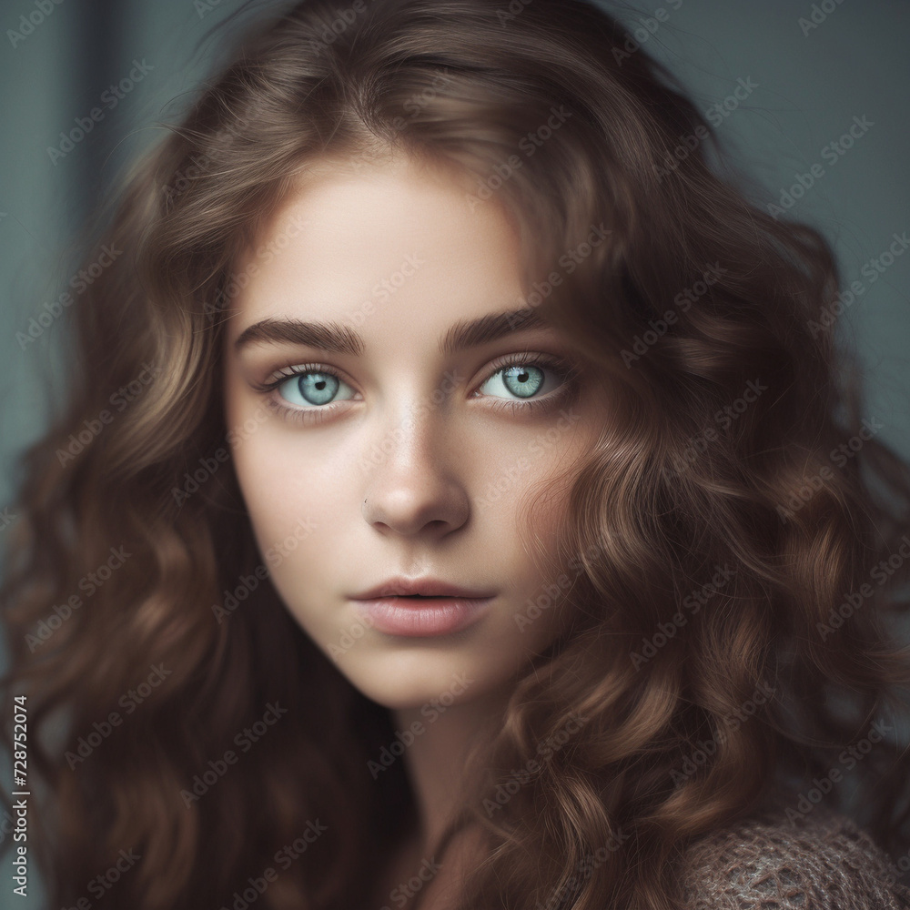 portrait of a brown-haired woman with wavy hair and blue eyes, close-up portrait of a brown-haired woman with wavy hair and blue eyes, close-up