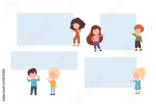 Set of cute happy children posts with fingers to empty shapes flat style © sabelskaya