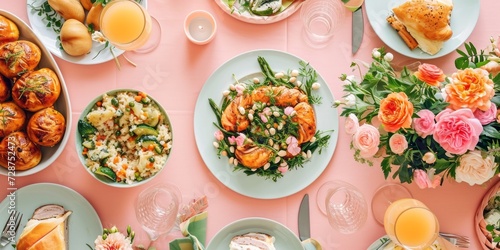A lot of different food on a pastel pink table, top view. Pasta, fresh cereal bread, grilled chicken, vegetables and salad. Flat lay. Copy space.