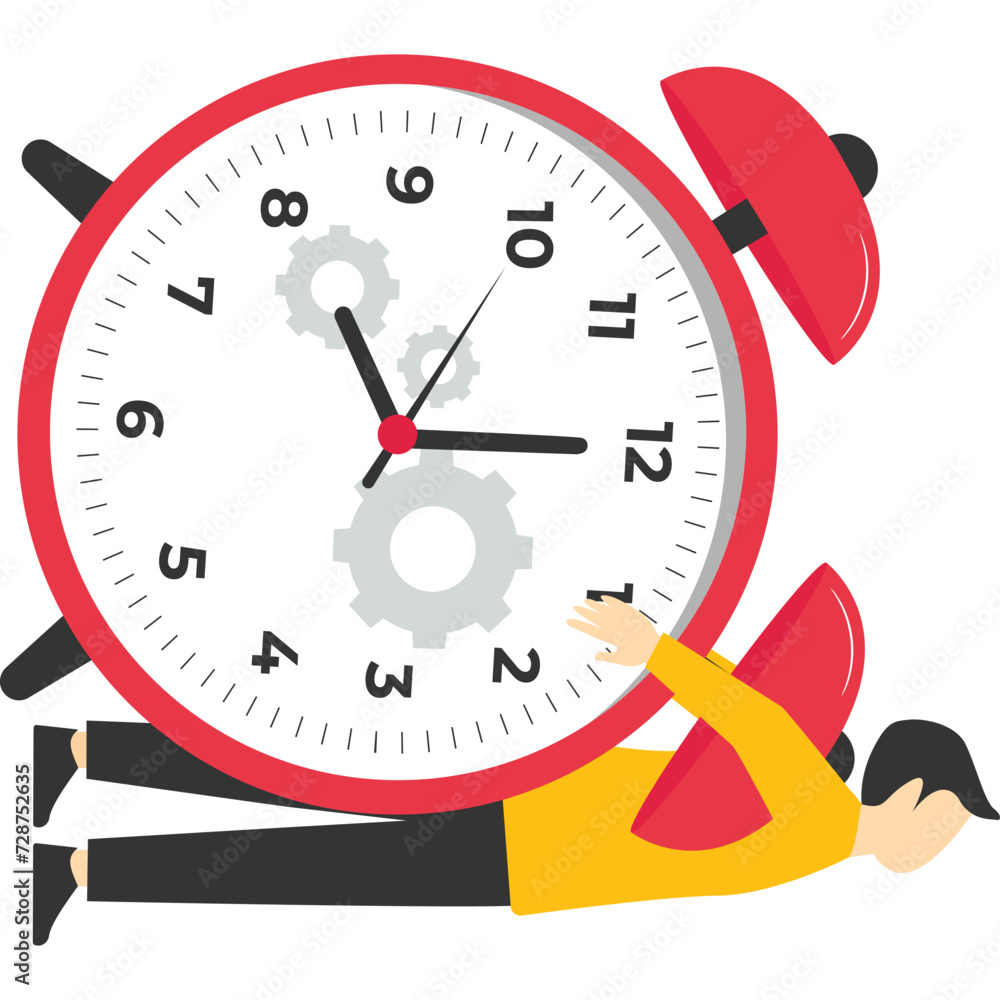 Stress and time pressure, deadlines, overtime. too much work. too much work. work fatigue. businessmen stuck big clock. flat vector illustration. Stress and time pressure, deadlines, overtime. too much work. too much work. work fatigue. businessmen stuck big clock. flat vector illustration.