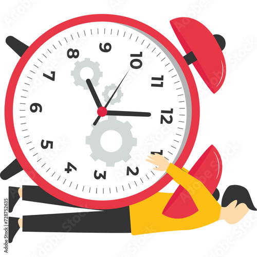 Stress and time pressure, deadlines, overtime. too much work. too much work. work fatigue. businessmen stuck big clock. flat vector illustration.