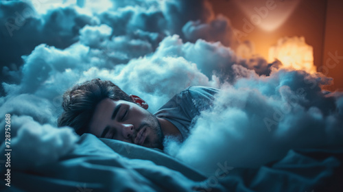 A serene scene of a man sleeping peacefully in bed under dreamy clouds.