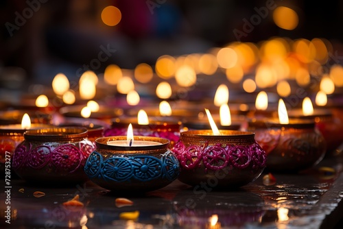 minimalistic design Oil lamps lit on colorful rangoli during diwali celebration 