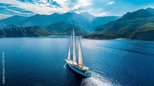 Luxurious sailing yacht in the blue sea against the backdrop of mountains