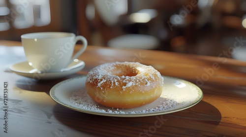 Donut with icing sugar on a white plate on a wooden table