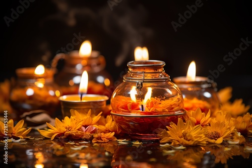 minimalistic design panch pradeep or five headed oil lamp burning with glowing flame with marigold flowers