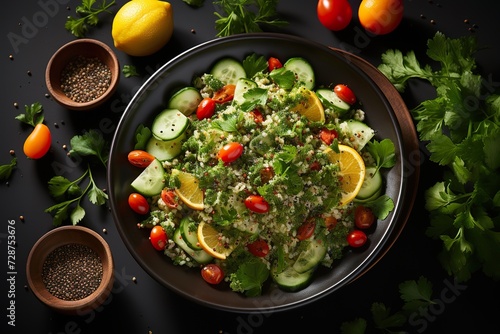 minimalistic design Quinoa tabbouleh salad with red cherry tomatoes, orange paprika, avocado, cucumbers