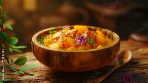 Potato stew with meat and spices in a bowl. Selective focus.
