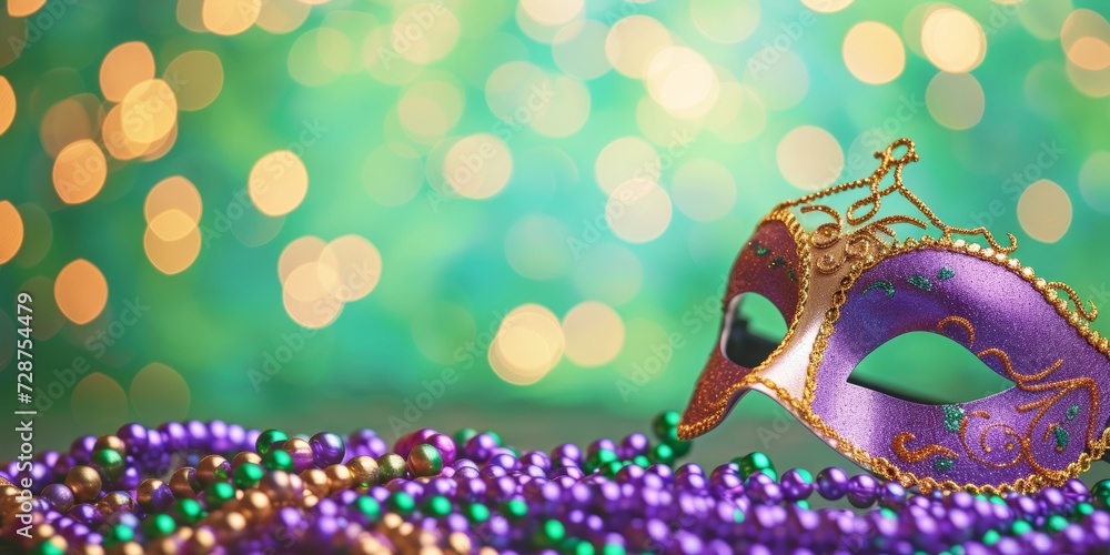 Mardi Gras carnival mask and beads on green background with bokeh lights, copyspace