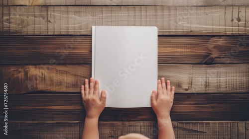a child's hands delicately holding a book on a wooden table background, with the book open to a blank page, inviting mockup opportunities in a minimalist style. photo