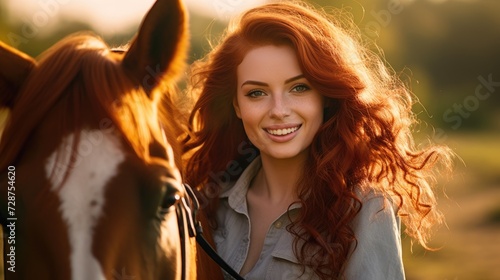 Beautiful young woman with long red hair and a horse in the field