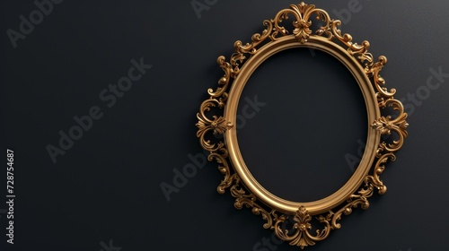 Vintage gold oval picture frame on a black background. Classic antique golden picture frame  photo