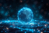 Earth's radiant blue sphere hologram floating in the cosmic expanse, surrounded by stars, symbolizing global connectivity, technological advancement.