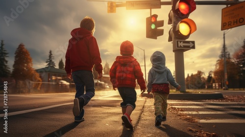 Three school children cross the road on a zebra crossing. Two girls in bright clothes cross the road at a pedestrian crossing. Safety of pedestrian crossings. Child safety on the roads photo