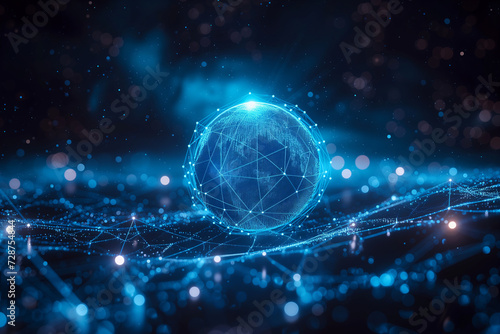 Earth's radiant blue sphere hologram floating in the cosmic expanse, surrounded by stars, symbolizing global connectivity, technological advancement. photo