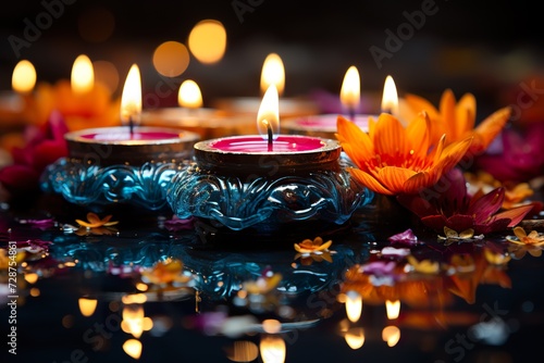 minimalistic design Shiny colorful floral background with illuminated 3D Oil Lamps (Diya) for Diwali celebration. photo