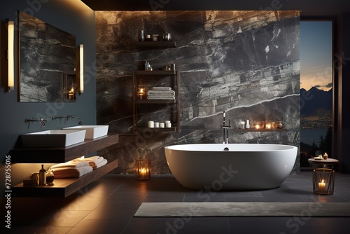 minimalistic design sleek grey marble bathroom with LED lighting, double vanity, and freestanding tub,