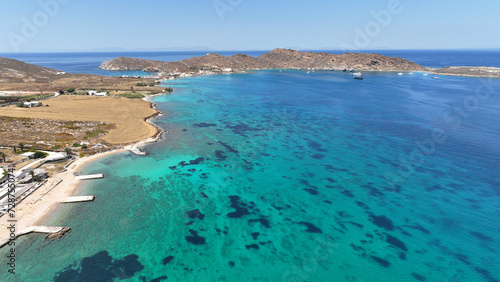 Aerial drone photo from famous small organised beach of Monastiri in the gulf of Naousa, Paros island, Cyclades, Greece