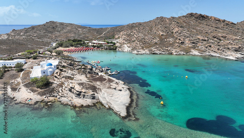 Aerial drone photo from famous small organised beach of Monastiri in the gulf of Naousa, Paros island, Cyclades, Greece