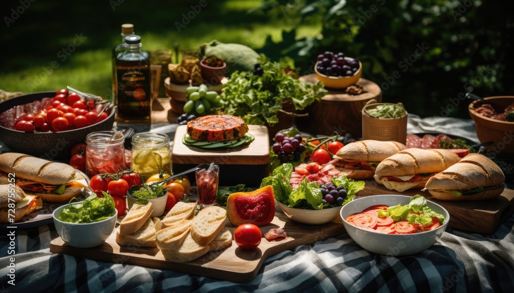 A Picnic Table Filled With Sandwiches and Salads A Picnic Table Filled With Sandwiches and Salads