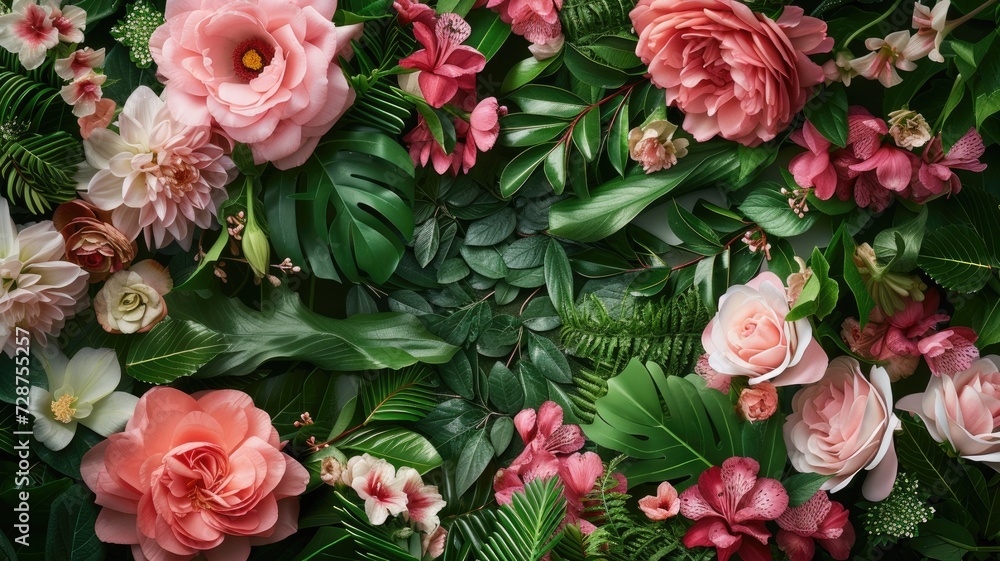 pink flowers nestled within a square frame, accentuated by lush green leaves, with ample copy space to convey a message of freshness and elegance. pink flowers nestled within a square frame, accentuated by lush green leaves, with ample copy space to convey a message of freshness and elegance.