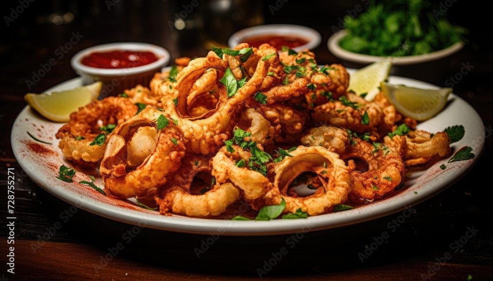 Plate of Fried Food Calamari with Marinara Sauce on Table Plate of Fried Food Calamari with Marinara Sauce on Table