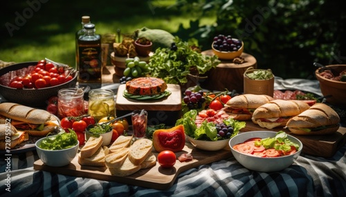 A Picnic Table Filled With Sandwiches and Salads