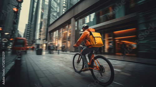 Urban delivery cyclist riding fast with a bright orange backpack among cityscape's hustle and bustle.