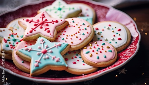 Plate of Decorated homemade sugar Cookies on Table