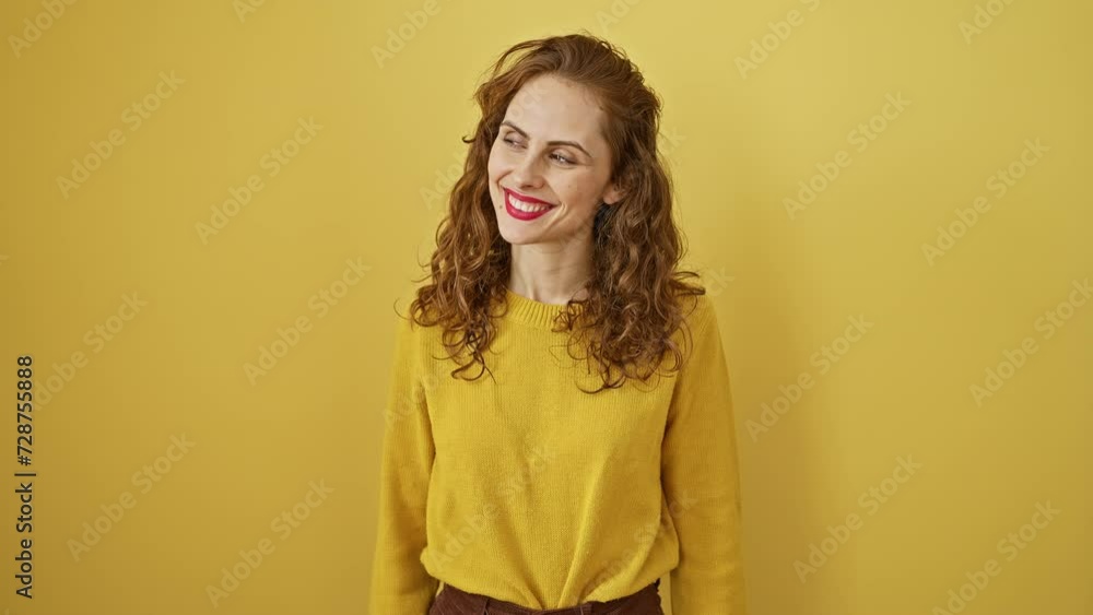 Cheerful young, beautiful woman strikes a relaxed pose and flashes a confident smile while standing in profile view, looking away against a bright yellow, isolated background Cheerful young, beautiful woman strikes a relaxed pose and flashes a confident smile while standing in profile view, looking away against a bright yellow, isolated background