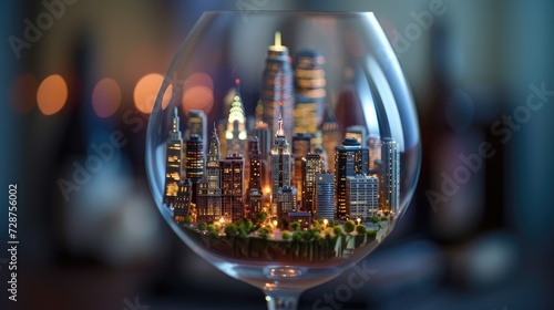 a city meticulously crafted inside a wine glass  illuminated with cinematic lighting to evoke a sense of urban charm and intrigue.