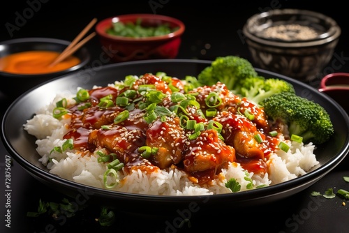 minimalistic design Sweet and sour chili sauce chicken with rice in a plate