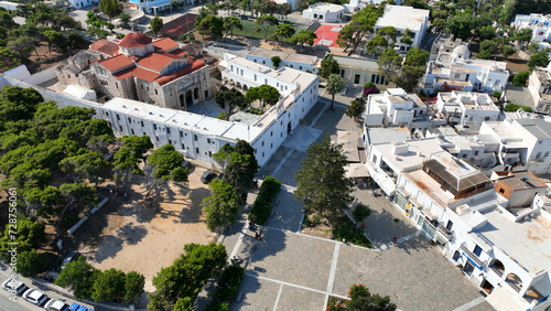 Aerial drone photo of famous Byzantine monastery of Ekatontapyliani in main village of Paros island, Parikia, Cyclades, Greece