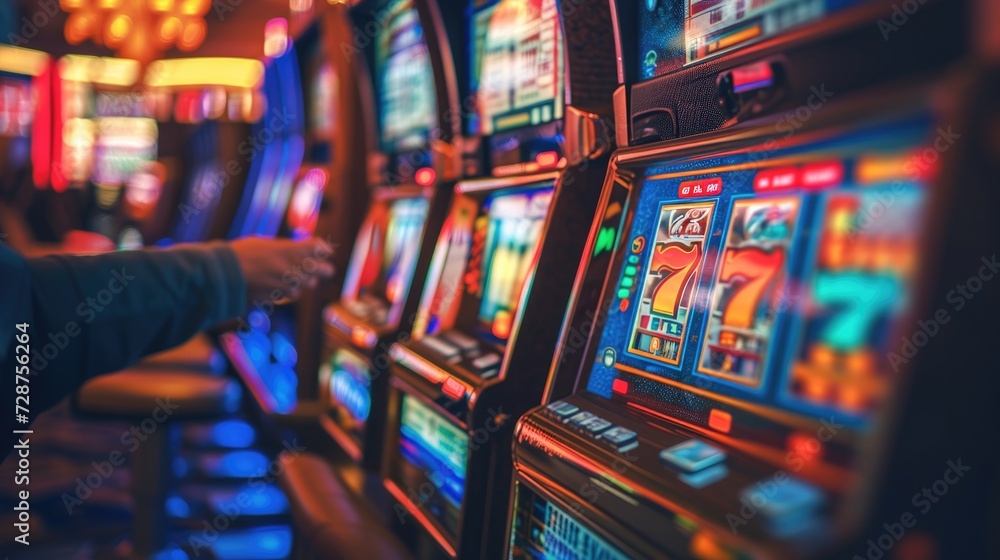 Slot machine in casino. Hand of man holding slot machine in casino