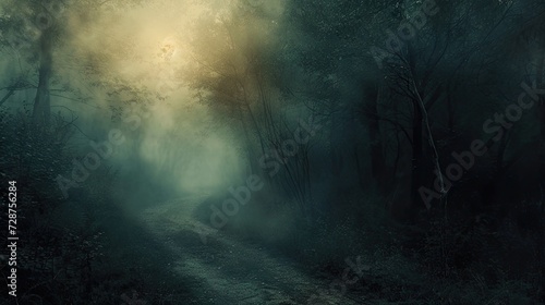 Mysterious dark forest with fog and sunlight photo