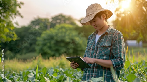 a young agronomist standing confidently in a lush green field, holding a tablet in hand while analyzing data for achieving success in farming practices. © lililia