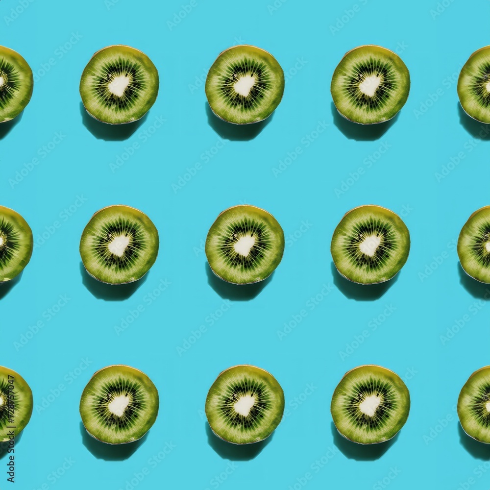 Fototapeta premium Generated image of a seamless pattern with kiwi fruit slices on blue background.