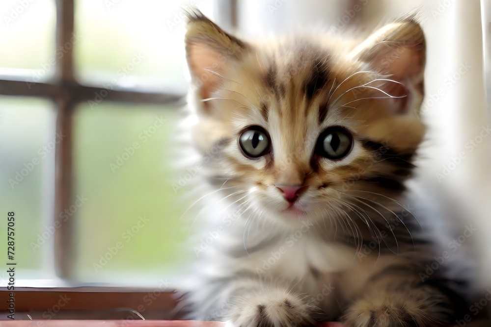 Cute little bengal kitten sitting on the windowsill.