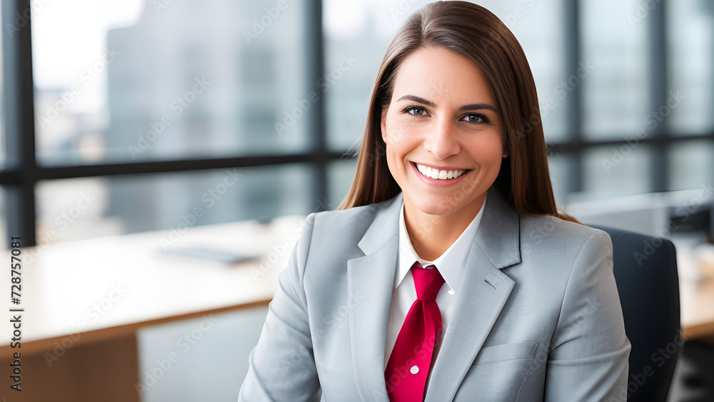 Happy businesswoman in gray suit, no hands shown. Happy businesswoman in gray suit, no hands shown.