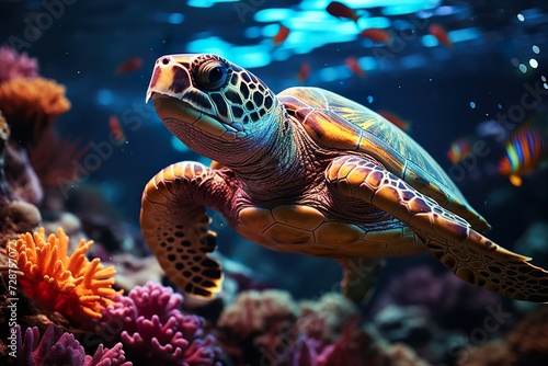 minimalistic design underwater coral reef with colorful fish and turtle. marine life,