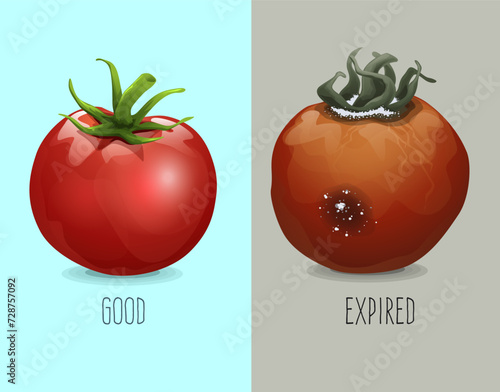 Fresh tomato. Moldy tomato. How to identify expired food. Comparison of fresh and expired tomatoes. Vector illustration.  photo