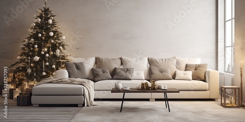 Contemporary living room with spacious light sofa and Christmas tree. Cozy couch with cushions and blanket in bright room with grey carpet.