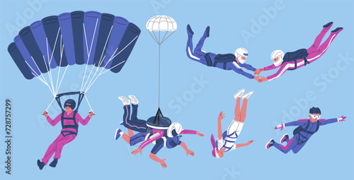 Parachute Skydivers take the leap from planes, flat vector illustration isolated.